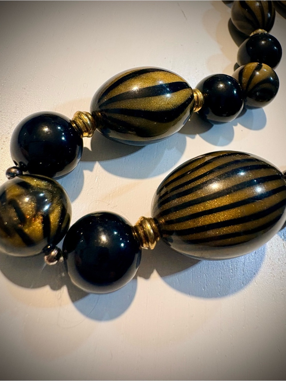 Vintage Gold and Black Striped Statement Bead Necklace